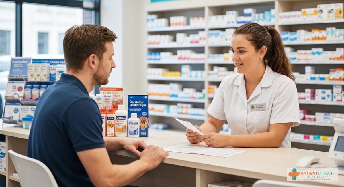 A compassionate healthcare professional consulting with a patient in a pharmacy setting about medica