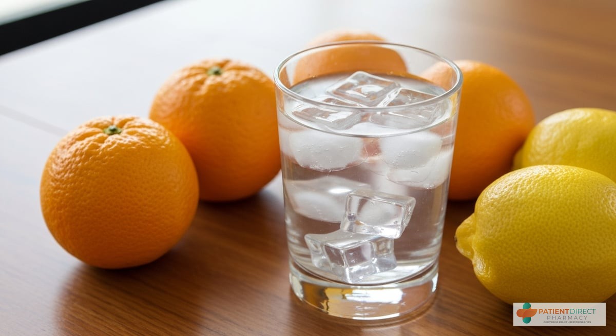 A refreshing glass of water with ice on a wooden table, surrounded by citrus fruits like oranges and