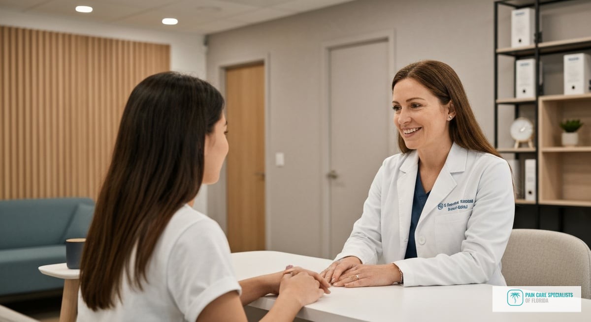 A photo of a healthcare professional discussing treatment options with a patient in a modern clinic,