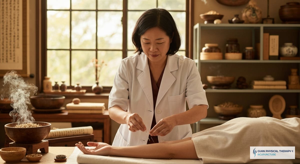 A professional portrait of Dr. Weiwei Guan in her acupuncture clinic, showing her performing acupunc