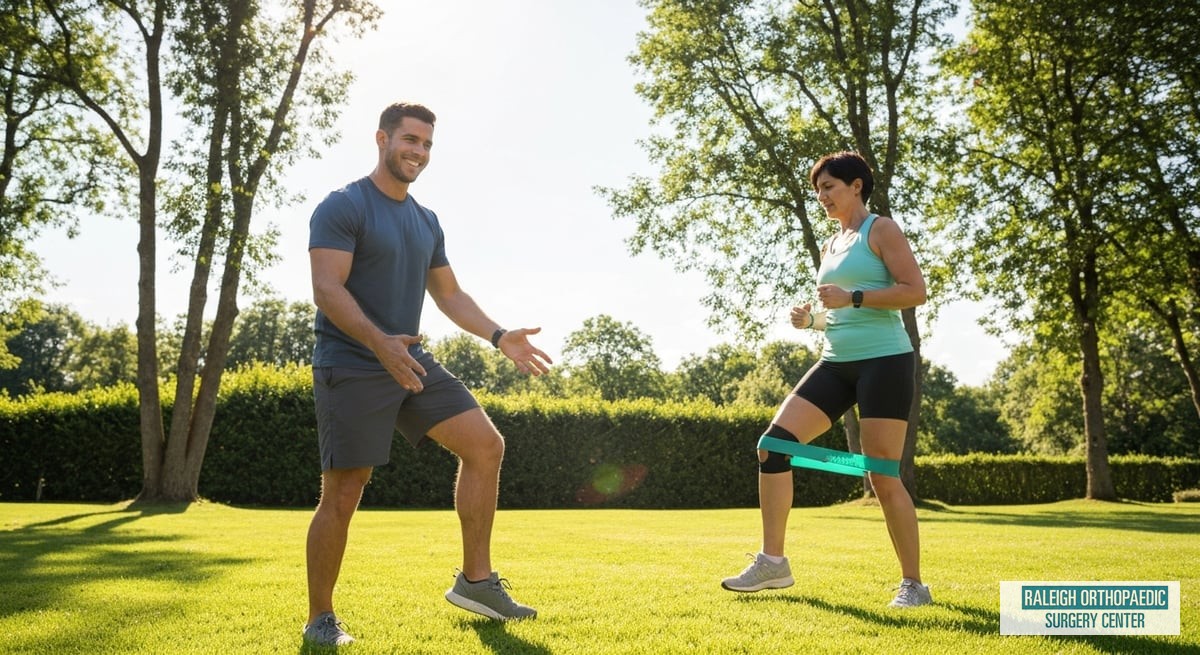 A sports therapist demonstrating knee strengthening exercises with bands in a sunny outdoor setting.