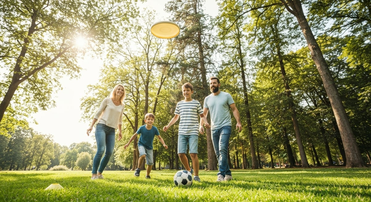 A family enjoying outdoor activities in the park, including soccer and frisbee, under a bright sun w