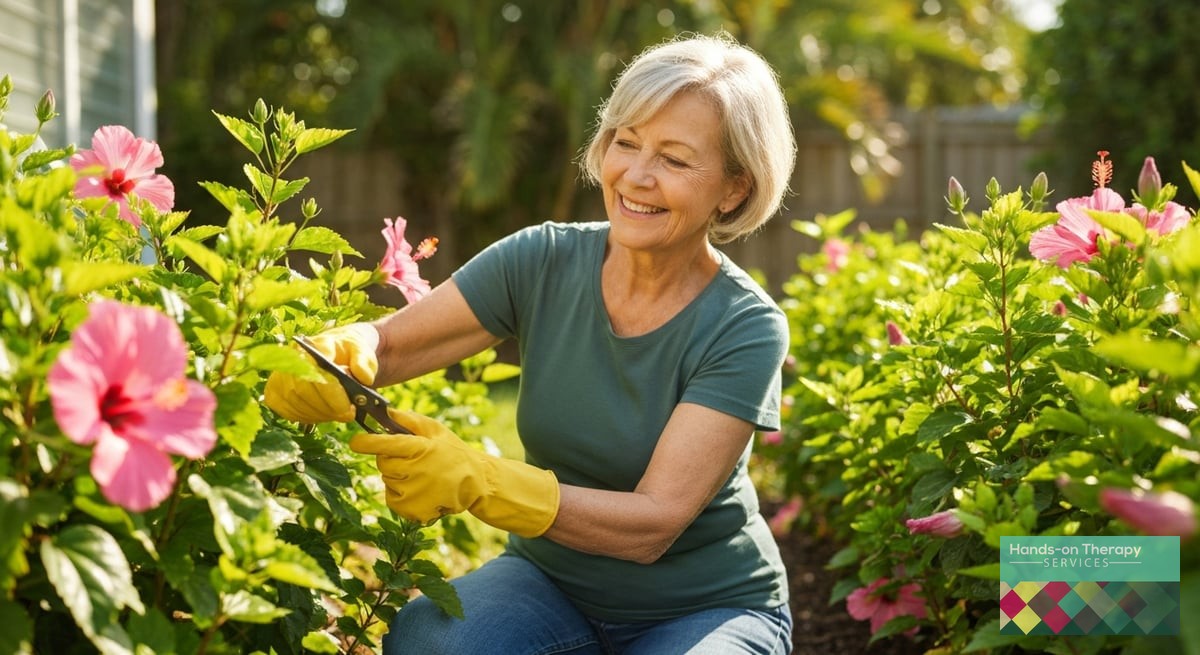 A photo-realistic image of a happy older woman in her 60s wearing gardening gloves, kneeling in a lu
