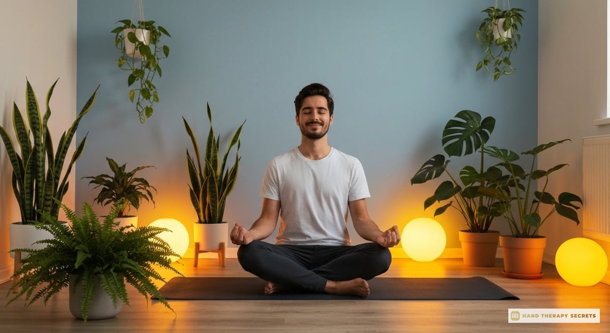 A serene space for meditation featuring a person practicing mindfulness with soothing lighting and p