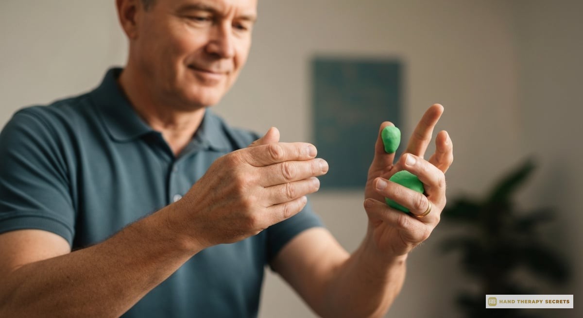 A therapist demonstrating thumb exercises using therapy putty, showcasing proper hand positions and 