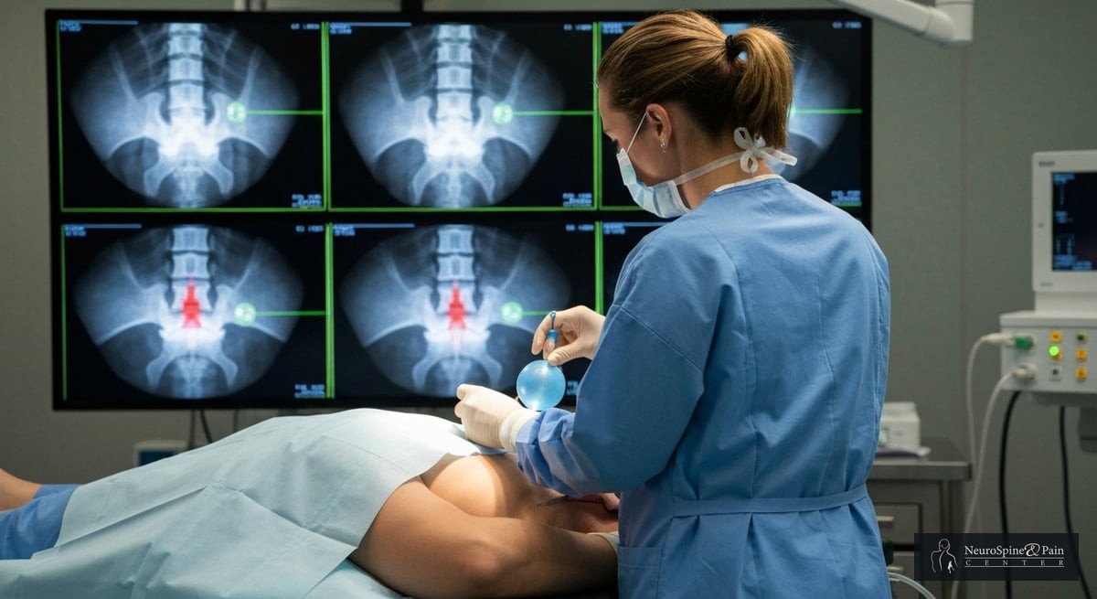 A patient lying on a surgical table, with spine x-rays displayed on a screen in the background, whil