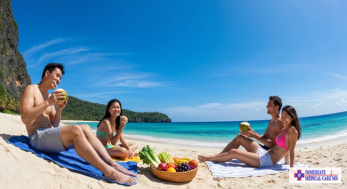 A scenic beach destination highlighted with a family practicing healthy habits, such as hydrating, e