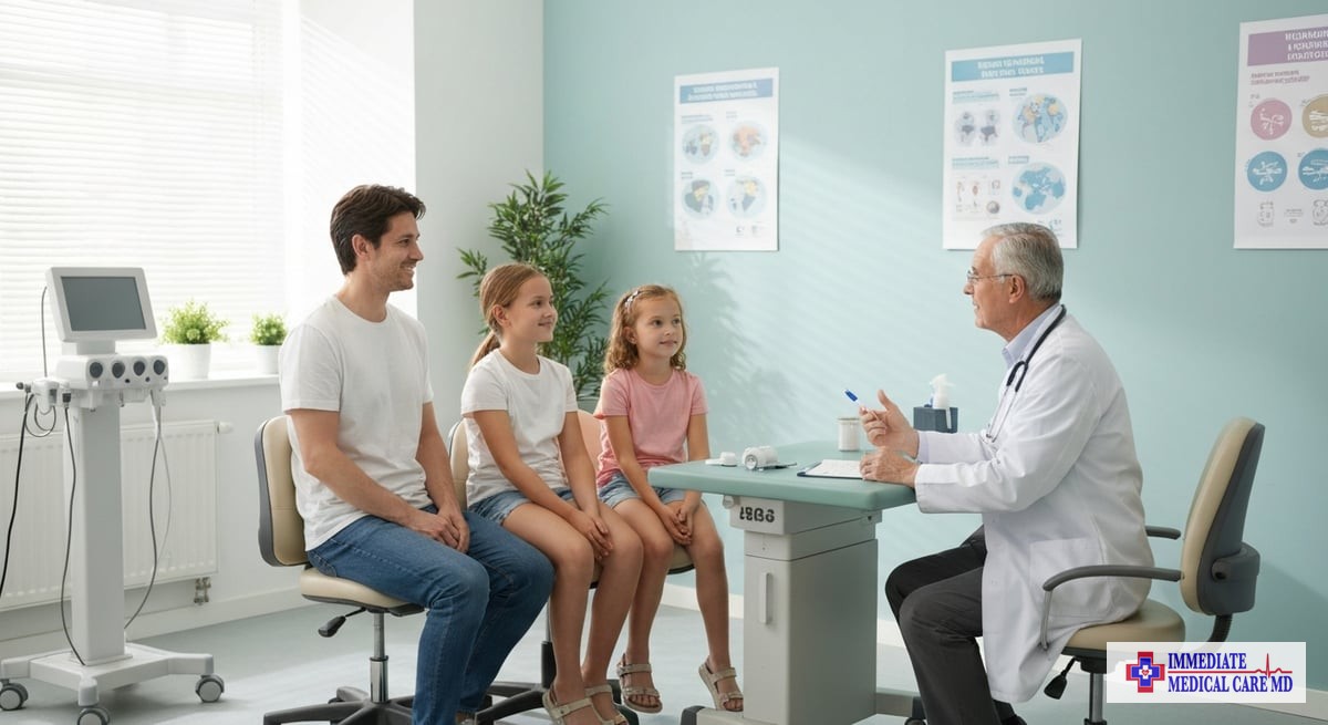 A photo of a family preparing for summer travel, with a doctor discussing vaccinations and health ch