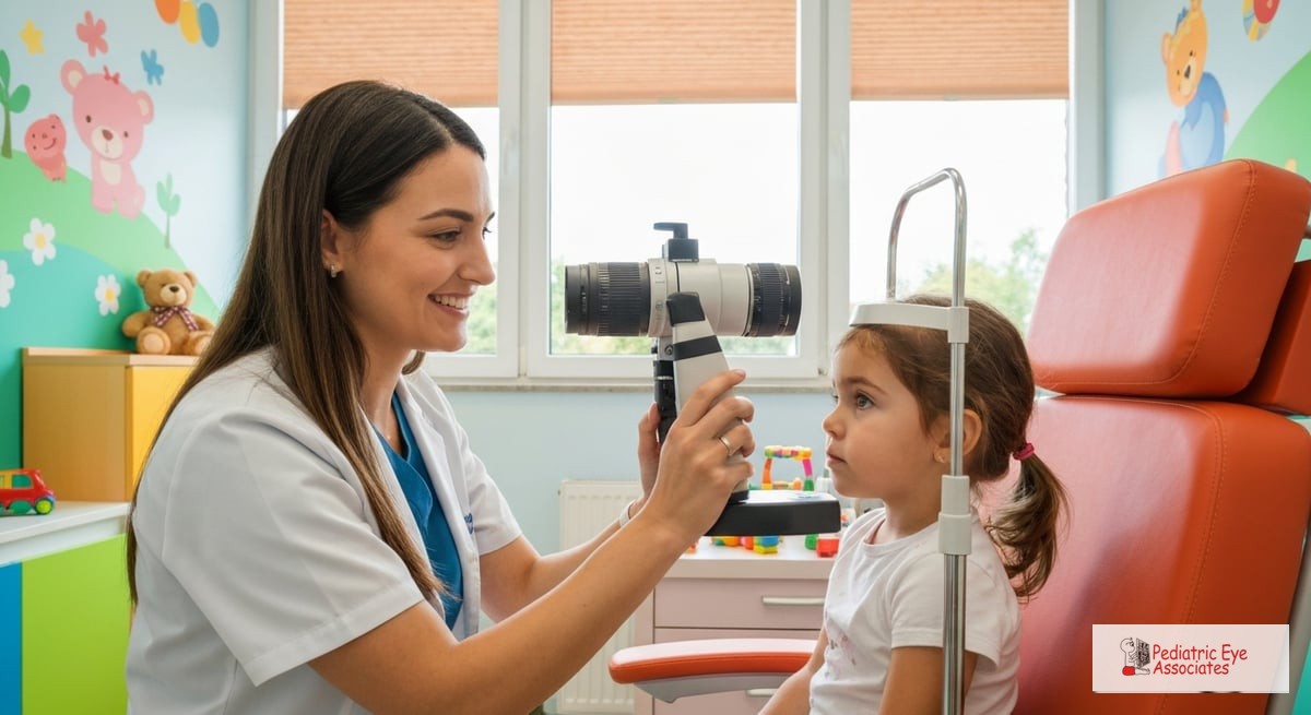 A pediatric ophthalmologist examining a young child's eyes in a colorful, welcoming medical office s