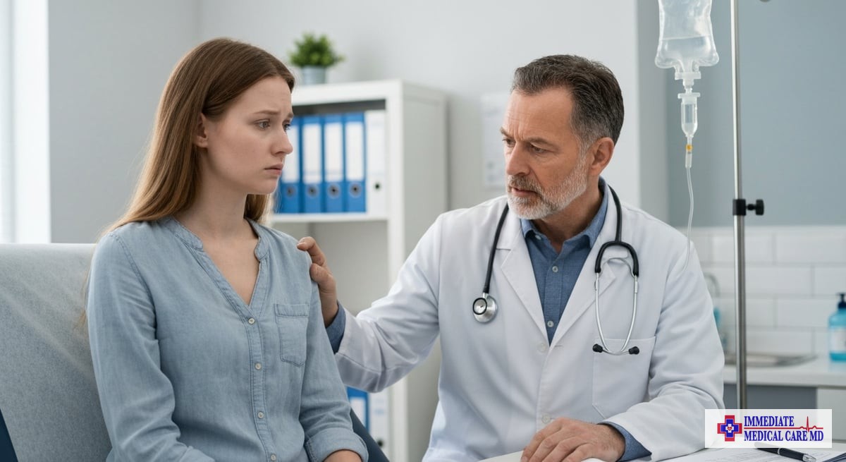 A healthcare professional examining a patient at an urgent care clinic, focusing on the seriousness 
