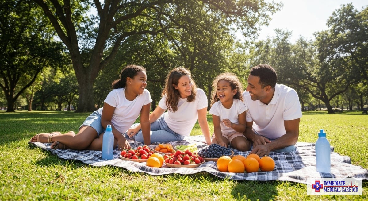 An outdoor setting with a diverse family enjoying fresh fruits and water in a picnic scene under a b