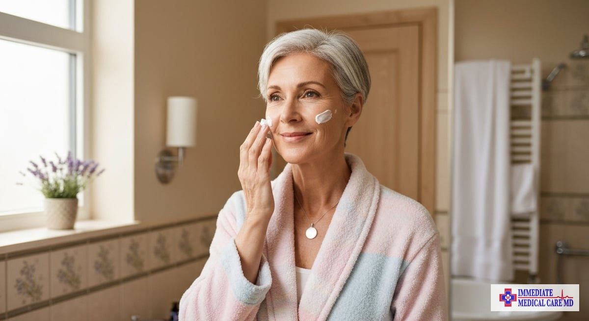 A woman in her 50s smiling while applying moisturizer on her face in a well-lit bathroom setting, ec