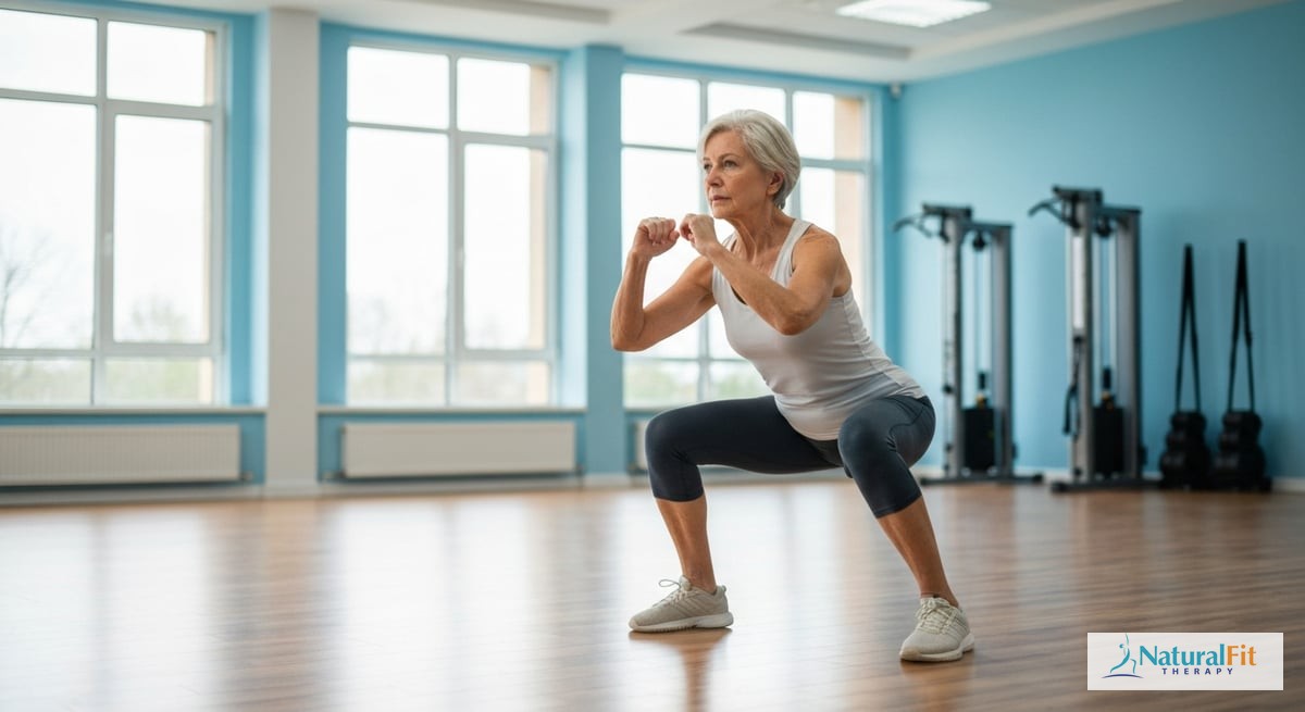 A senior adult performing a simple leg exercise, such as a bodyweight squat, in a brightly lit exerc