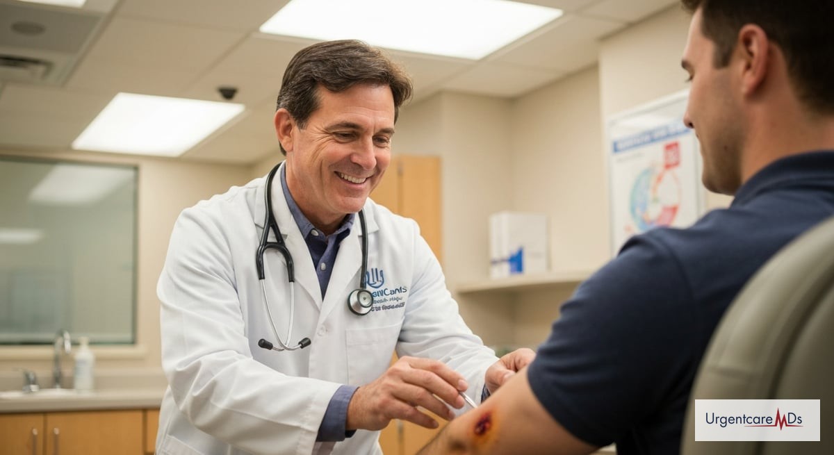 A caring physician examining a burn injury on a patient's arm at UrgentCare MDs in Baytown, TX.