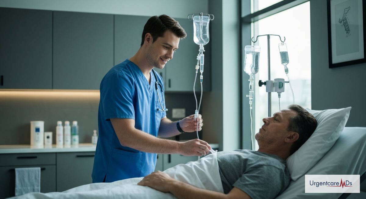 A healthcare professional administering IV fluids to a patient with dehydration symptoms in a modern