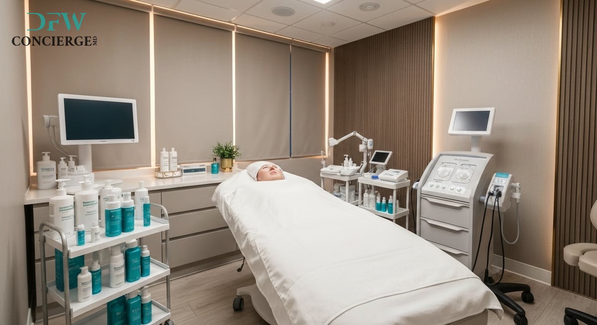A modern, inviting treatment room in a medical spa setting, highlighting peptide therapy products in