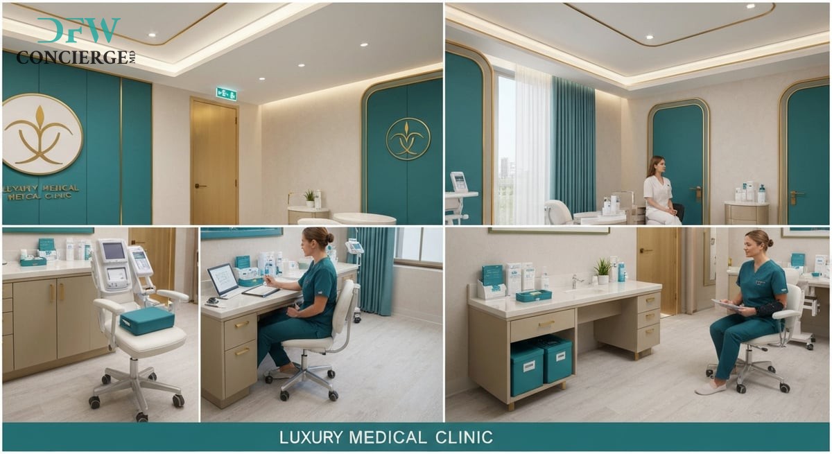 A luxurious medical spa environment showcasing a patient consultation in a serene setting with teal 