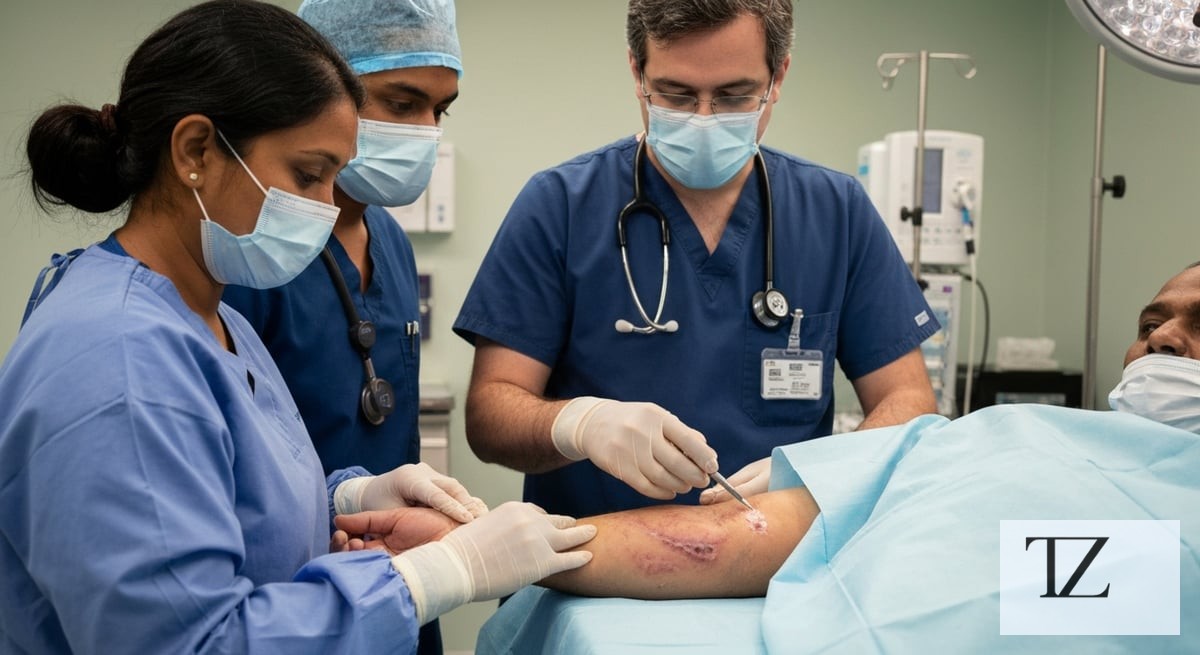 Clinical photo-realistic depiction of burn and scar reconstruction, showing medical staff caring for