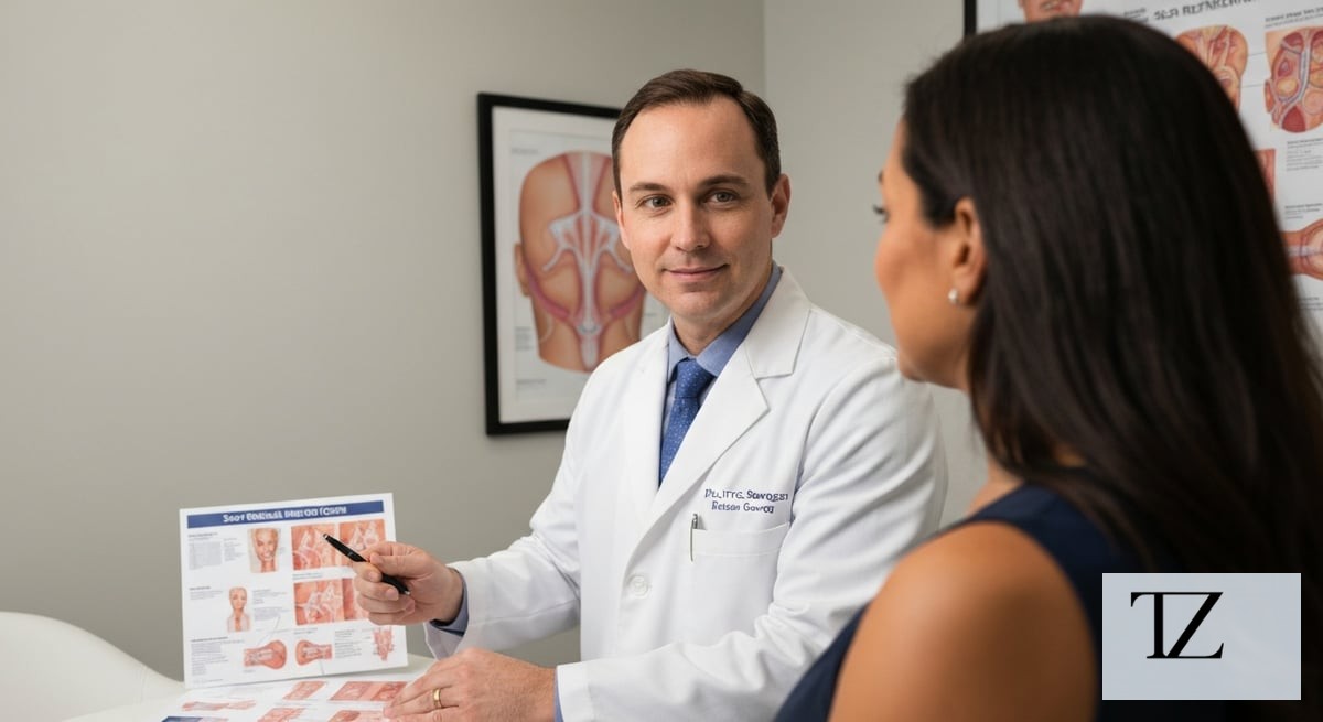 A medically realistic image of a plastic surgeon in Miami consulting with a patient, showing charts 