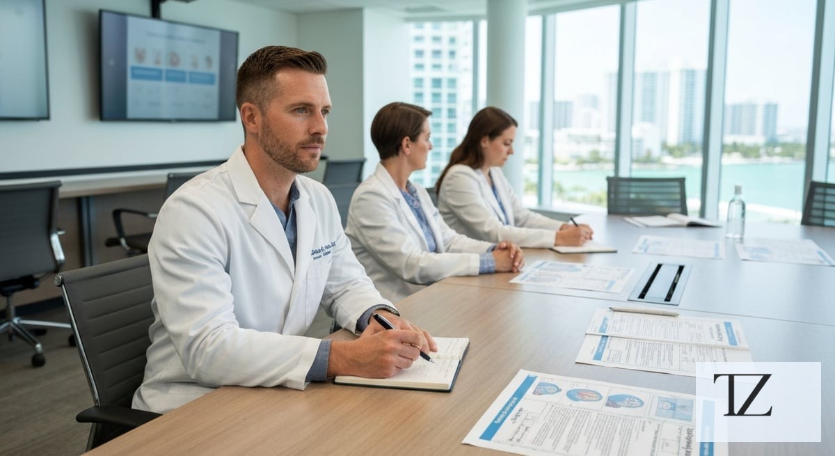 A professional plastic surgeon attending a continuing medical education seminar with peers, clinical