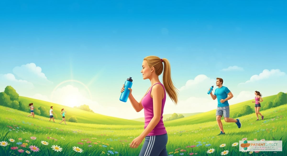 A serene summer landscape with a clear blue sky, showcasing people hydrating with water bottles whil