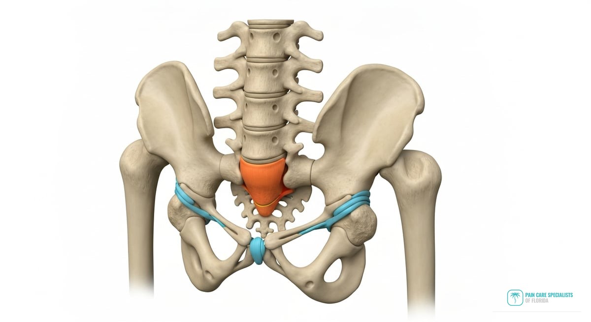 A detailed anatomical illustration showing the sacroiliac joint, including both the sacrum and the p