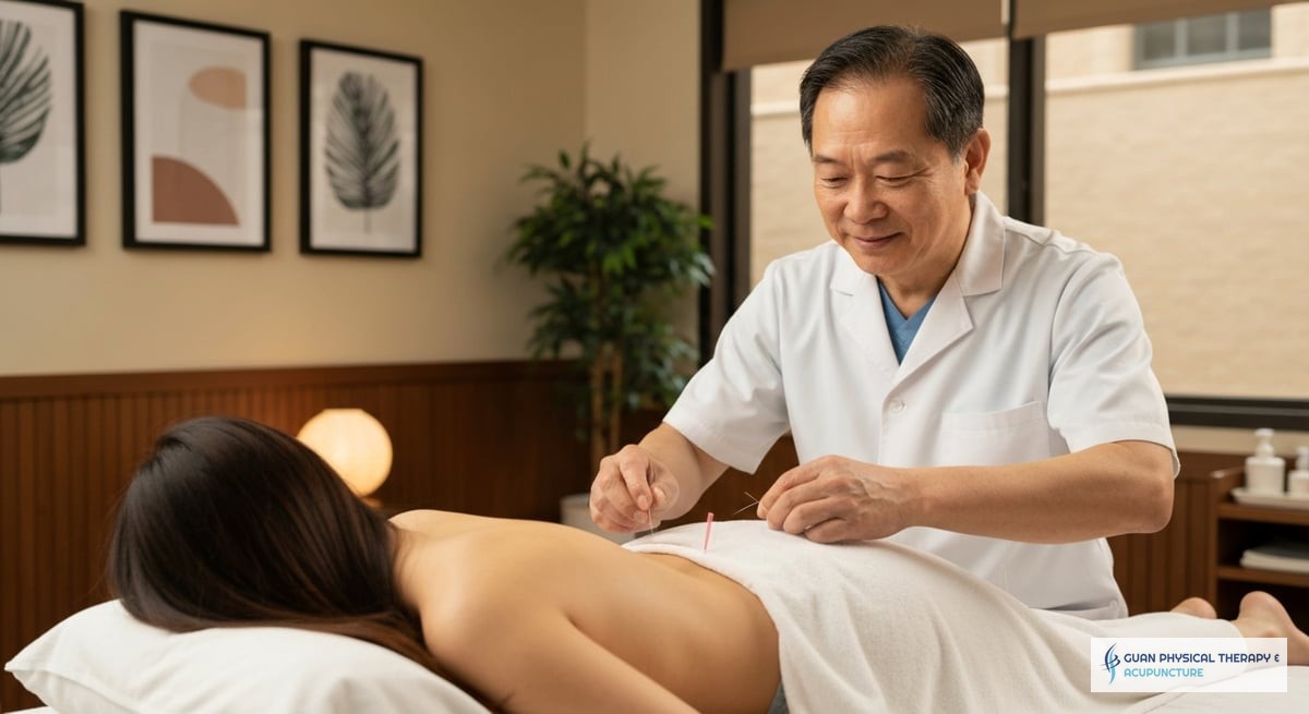 A serene acupuncture session in progress, showcasing Dr. Guan gently inserting a thin needle into a