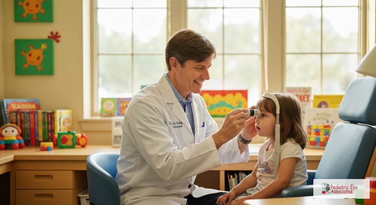 An image of Dr. Bloom or Dr. Lambert conducting an eye exam on a young child, depicting a warm and w