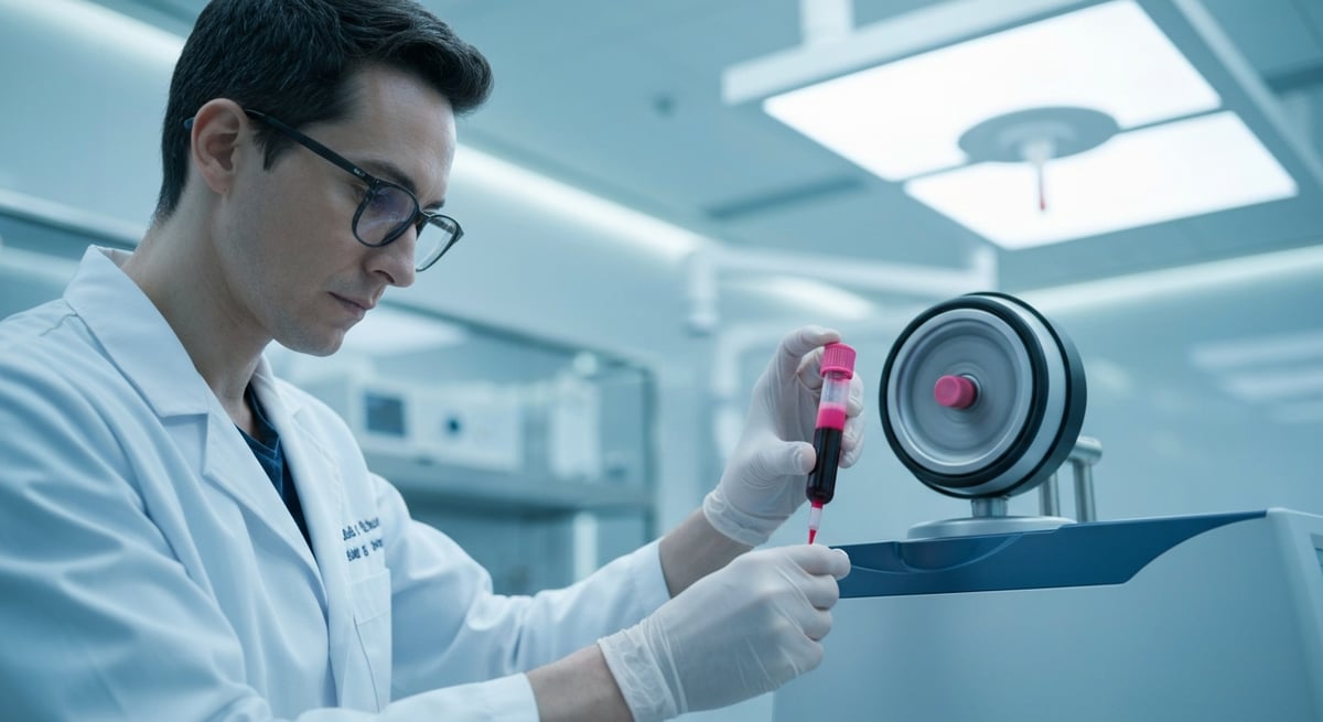 A doctor preparing PRP therapy in a sterile medical environment, showcasing the drawn blood being pr
