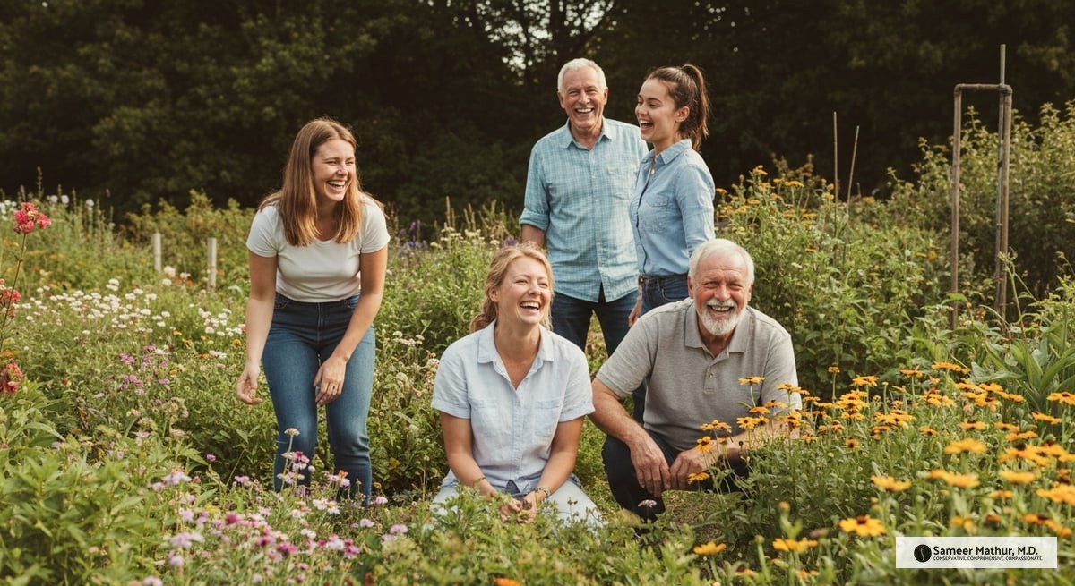 A family enjoying an outdoor garden, depicting a joyful, pain-free moment among three generations, s