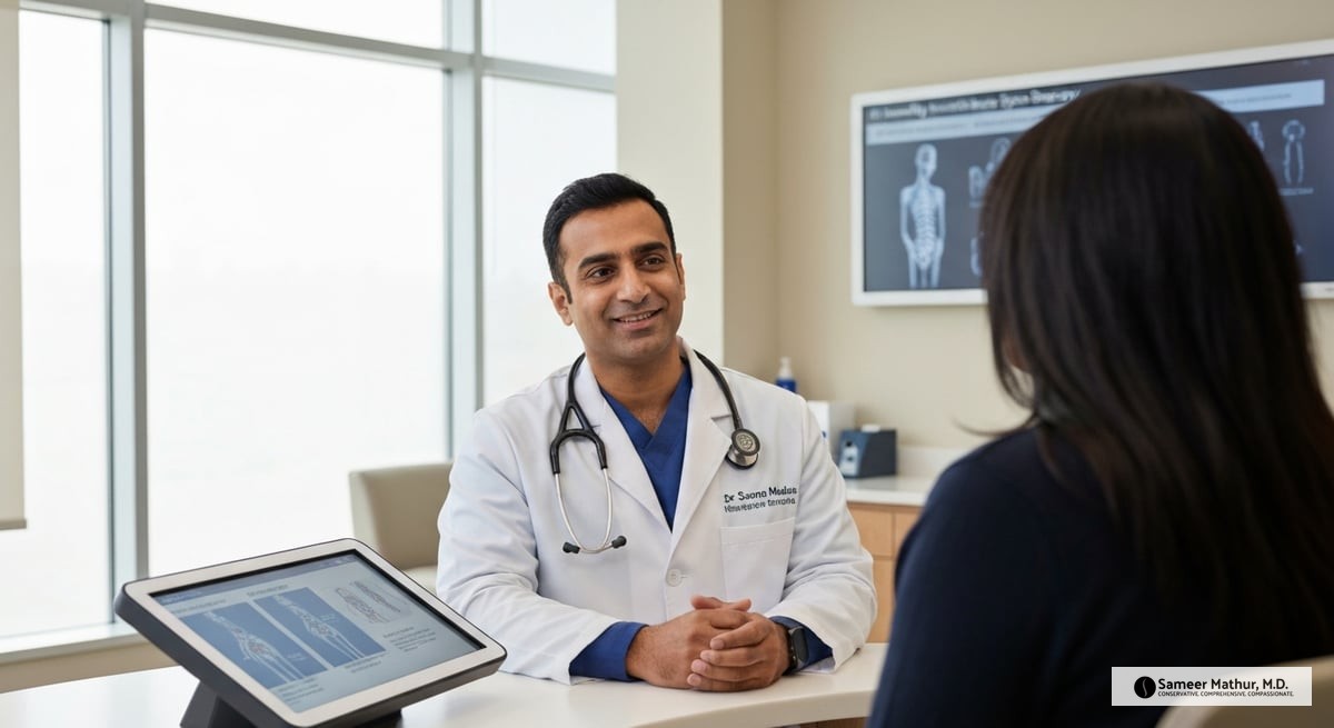 A well-lit, modern medical clinic where Dr. Sameer Mathur consults a patient regarding minimally inv