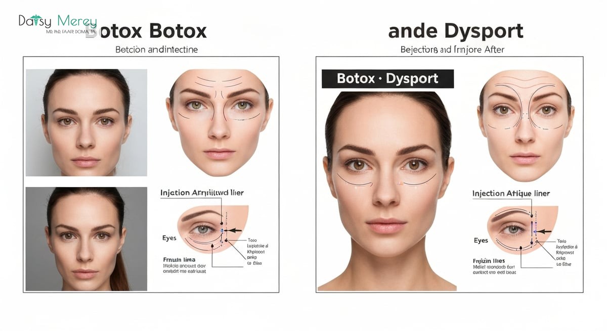 A side-by-side comparison graphic showing Botox and Dysport treatments with visual aids illustrating